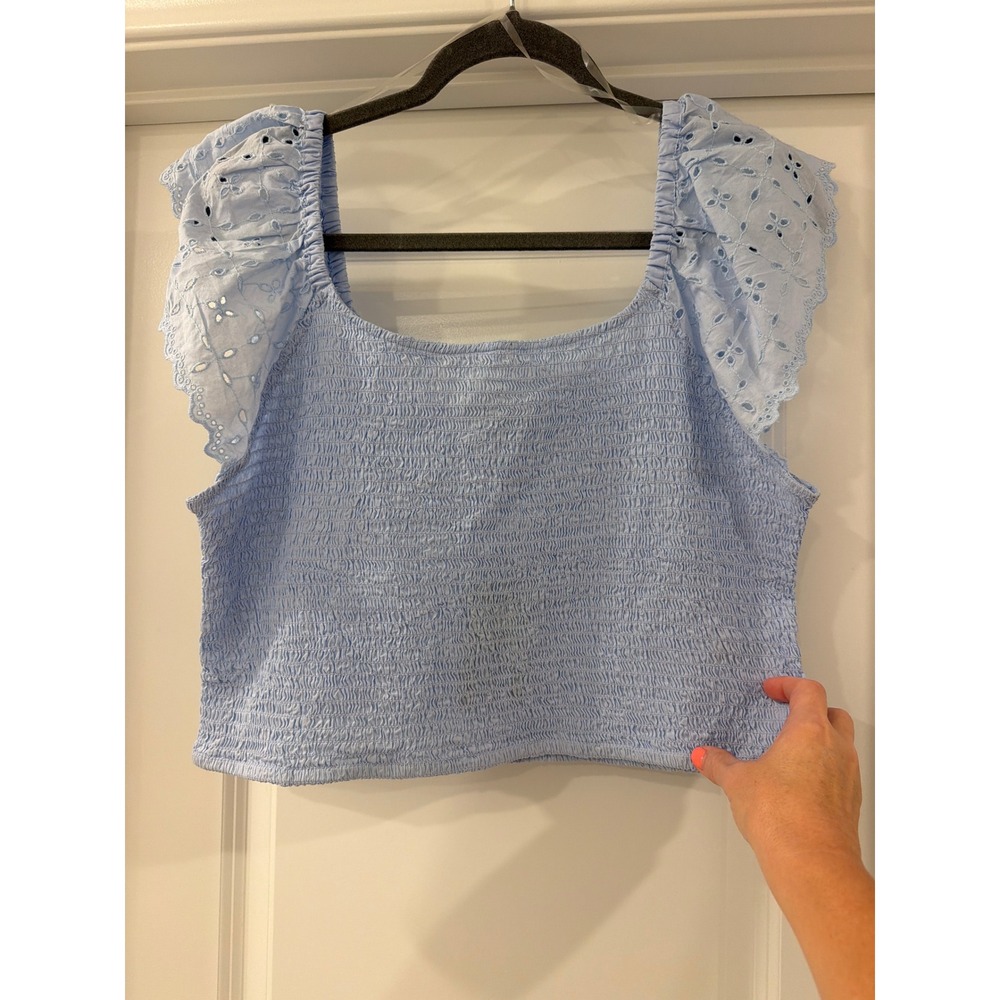 Universal Thread Smocked Eyelet Flutter Sleeve Top Womens XL Blue Square Neck